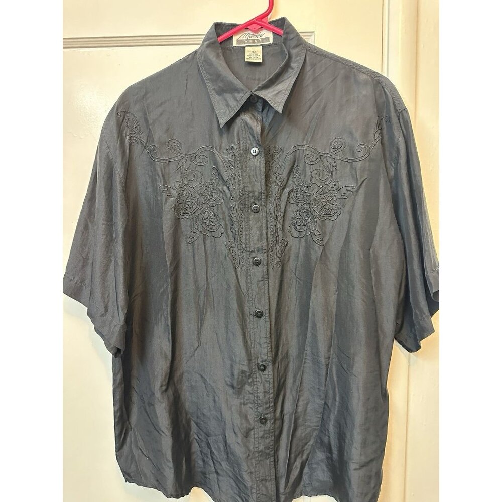 Marnie West Silk Embroidered Button Front Shirt Women L Black Western Floral Top